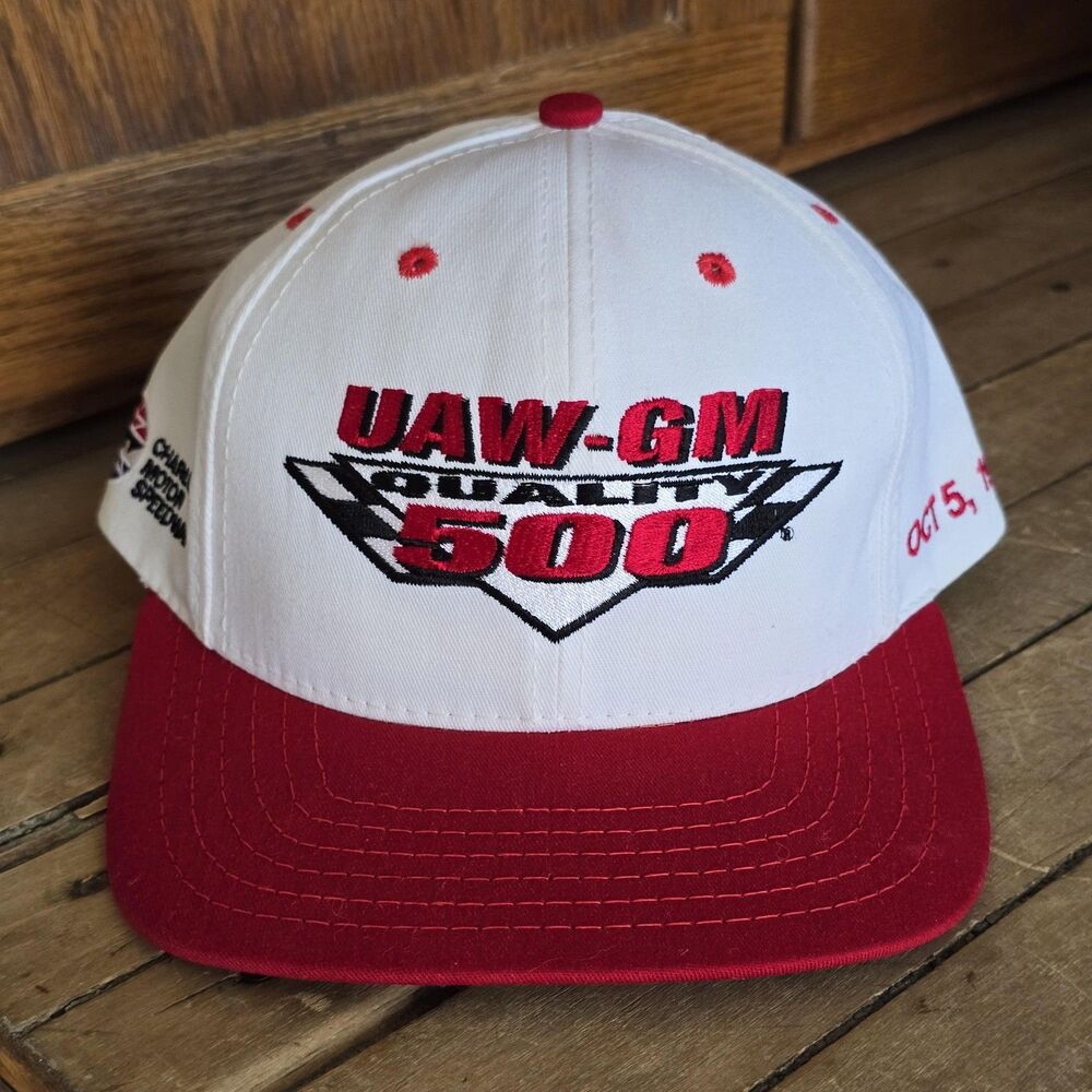 Vintage UAW-GM 500 Hat Cap Snap Back One Size White NASCAR American Needle